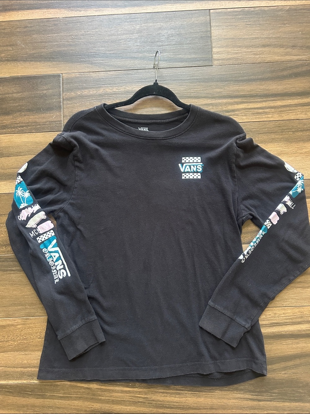 Vans Black Long-Sleeve Tee with Teal & Pink Sleeve Graphics